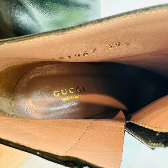 Gucci Black Ankle Boot Size 39.5 Spike Point Toe Horsebit D-Ring Gold Accent - Picture 10 of 12